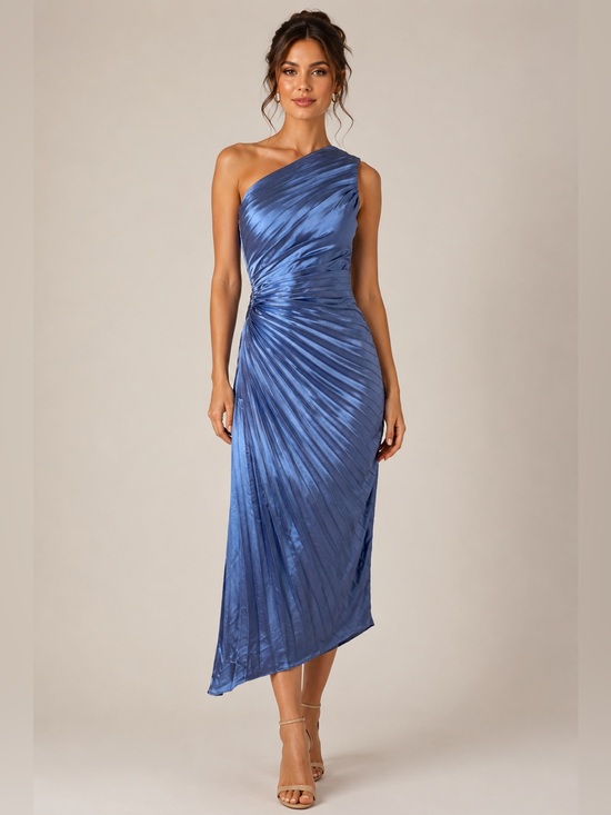 Faeriesty Dresses & Skirts - Faeriesty One-Shoulder Blue Satin Pleated Evening Dress with side cut out SZ 4
